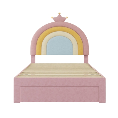 3FT Upholstered Bed with Adjustable Rainbow Headboard, Pink