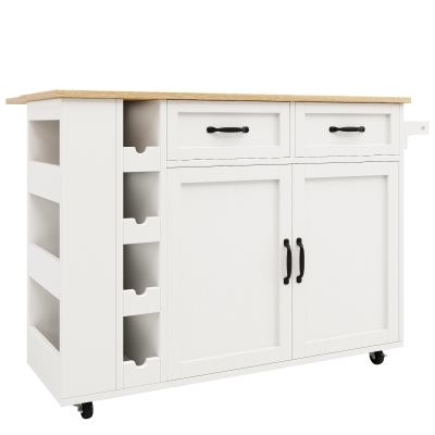 Kitchen Island Trolley with Power Strip, White+Natural