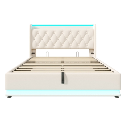Upholstered Double Ottoman Bed with 360 Surround LED, White