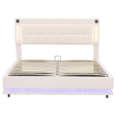 King Size LED Hydraulic Bed with Charging Station, Beige