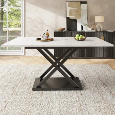 Telescopic Dining Table with Extendable MDF Top and Crossed Iron Legs, White+Black