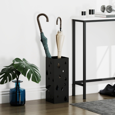 HOMCOM Paragüero Negro Paragüero de Acero con 4 Ganchos y Bandeja de Goteo Extraíble para Pasillo Entrada 15,5x15,5x41 cm