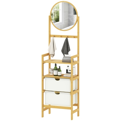 HOMCOM Estante de Casa de Banho em Bambu com Espelho Estante de Arrumação com 2 Gavetas de Tecido 48,5x30x170 cm Madeira