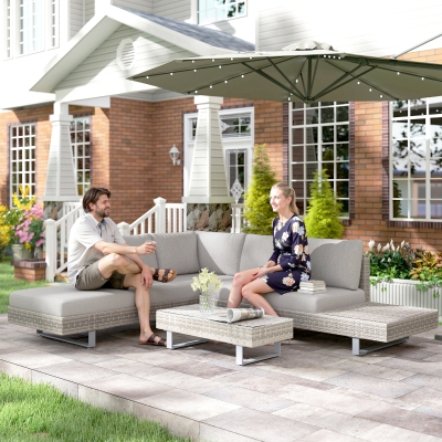 Outsunny Conjunto de Muebles Ratán de 3 Piezas Mesa de Centro Sofá Doble y Sofá de 3 Plazas con Cojines Extraíbles para Exterior Jardín Terraza Patio Acero Gris