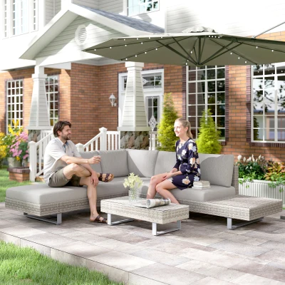 Outsunny Conjunto de Muebles Ratán de 3 Piezas Mesa de Centro Sofá Doble y Sofá de 3 Plazas con Cojines Extraíbles para Exterior Jardín Terraza Patio Acero Gris