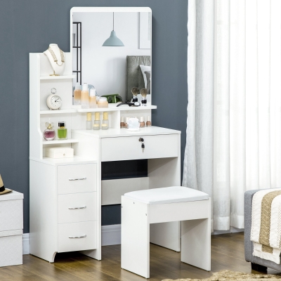 HOMCOM Tocador de Maquillaje con Taburete y Espejo de Estilo Moderno con 4 Cajones 4 Compartimientos 80x38x143 cm Blanco