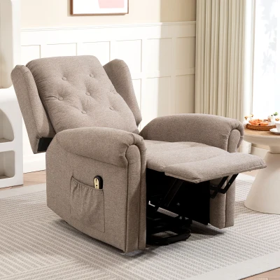 HOMCOM Poltrona Relax Reclinável Elétrica Poltrona Elevatória com Encosto Alto Capitonê Controlo Remoto 85x91x103 cm Marrom Claro