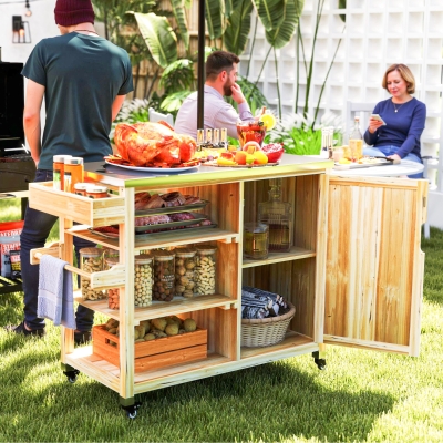 Outsunny Carrito de Parrilla de Madera con 4 Ruedas Estantes Armario y Encimera de Acero Inoxidable 134,5x50x91,5 cm Natural