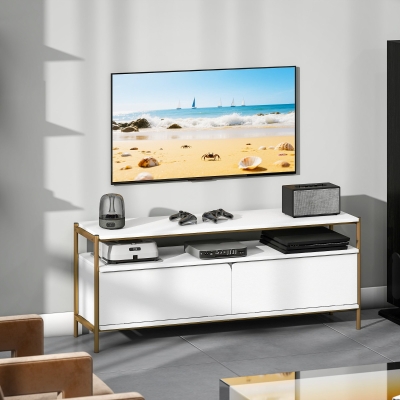 HOMCOM Mueble TV mueble televisión para televisores hasta 55 pulgadas con 2 puertas abatibles y estante abierto 124x35x50 cm Blanco