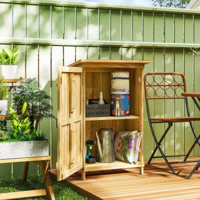 Outsunny Armário de Jardim em Madeira 63,5x40x90 cm Armário de Exterior para Armazenamento de Ferramentas com 2 Prateleiras Madeira