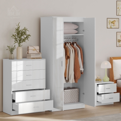 HOMCOM High Gloss 3 Piece Bedroom Set Wardrobe, Chest, Bedside White