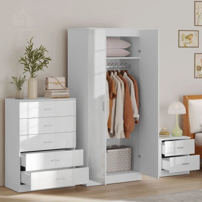 HOMCOM High Gloss 3 Piece Bedroom Set Wardrobe, Chest, Bedside White