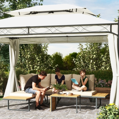 Outsunny Conjunto de Sofás de Exterior Modular de Acero y Madera de Acacia con Mesa Auxiliar y Cojines Extraíbles