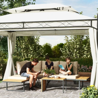 Outsunny Conjunto de Sofás de Exterior Modular de Acero y Madera de Acacia con Mesa Auxiliar y Cojines Extraíbles