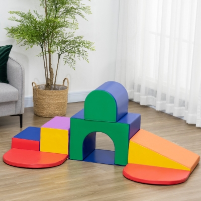 HOMCOM Saftbaustein-Set für Kinder, Schaumstoffblöcke, Quadrat, Treppe, Rampe, Kunstleder, Mehrfarbig