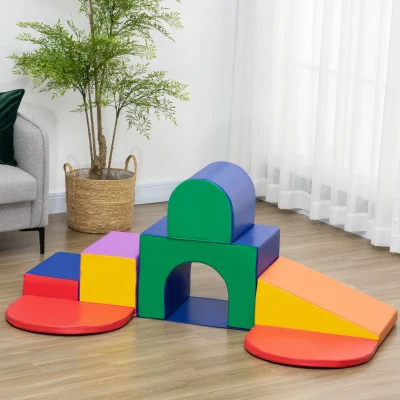 HOMCOM Saftbaustein-Set für Kinder, Schaumstoffblöcke, Quadrat, Treppe, Rampe, Kunstleder, Mehrfarbig