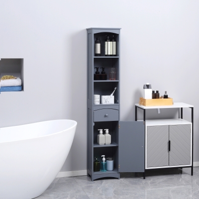 HOMCOM Armario Alto de Baño Estrecho con 1 Cajón y 3 Estantes Abiertos Estilo Moderno 34x24x170 cm Gris