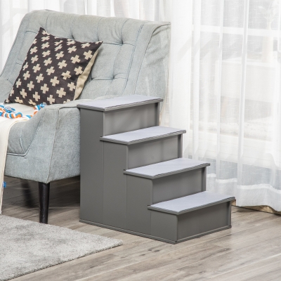 PawHut Haustiertreppe, für Hunde/Katzen, 4-stufig, Kurzplüsch, bis 30 kg, 40 x 59 x 54,2 cm, Grau
