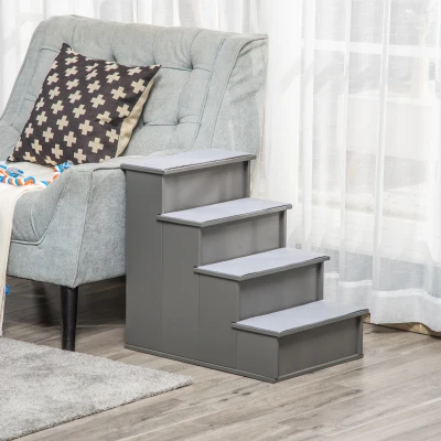 PawHut Haustiertreppe, für Hunde/Katzen, 4-stufig, Kurzplüsch, bis 30 kg, 40 x 59 x 54,2 cm, Grau
