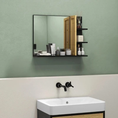 HOMCOM Specchio da Bagno Moderno in Legno con 4 Ripiani Nero