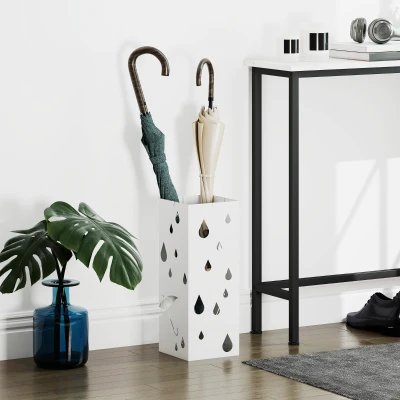 HOMCOM Schirmständer, 4 Haken, Tropfschale, Stahl, Weiß