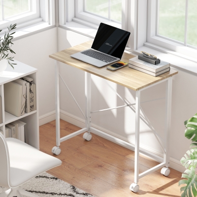 HOMCOM Escritorio Plegable con Ruedas y Estructura Resistente Ideal para Oficina y Estudio 80x40x75 cm Natural y Blanco