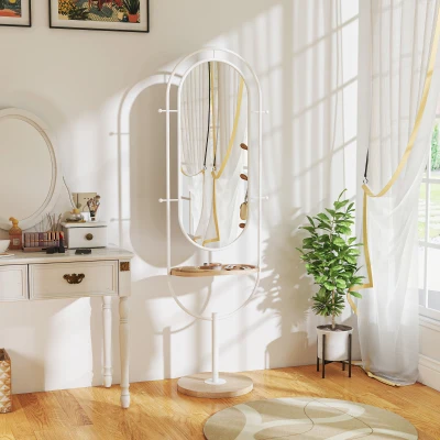 HOMCOM Espelho de Pé 50x175,5 cm Espelho de Corpo Inteiro com Bandeja de Madeira 4 Ganchos e Estrutura de Metal 50x40x175,5 cm Branco