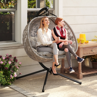 Outsunny Hängesessel, für 2 Personen, klappbarer Sitzkorb, großes Sitzkissen, Sand, 130 x 103 x 172 cm