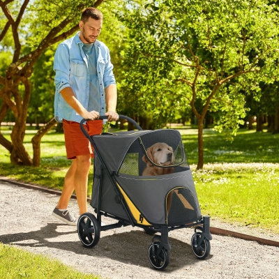 Pawhut Carrinho para Cães Carrinho para Gato 4 Rodas Dobrável com Um Clique Alça de Segurança Carga 30 Kg 112x65x100 cm Cinza Escuro