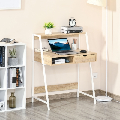 HOMCOM Secretária Armário de Informática em Estilo Neo Retro com Gaveta Nicho Prateleira Metal Branco Aspecto Carvalho Claro