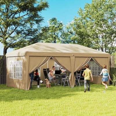 Outsunny Tenda Pop Up Impermeabilizada Dobrável 6x3x2,7 m 4 Paredes Laterais Amovíveis 4 Janelas Saco de Transporte Cáqui