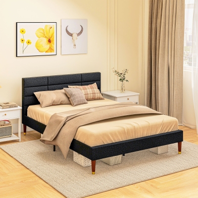 HOMCOM Cama de Casal para 2 Pessoas com Estrado de Ripas e Cabeceira Estofada Compatível com Colchão 140x200 cm Preto