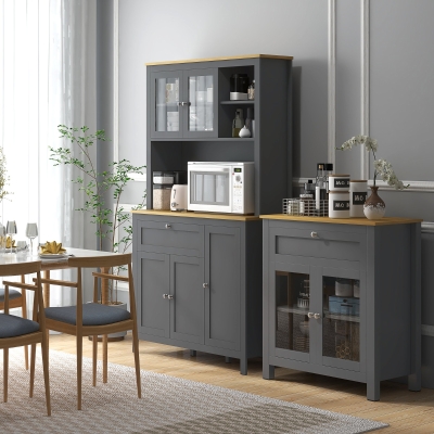HOMCOM Armário de Cozinha Buffet Cozinha 5 Portas Sendo 2 Portas de Vidro e 1 Gaveta 1 Nicho Central Altura 180 cm Cinza