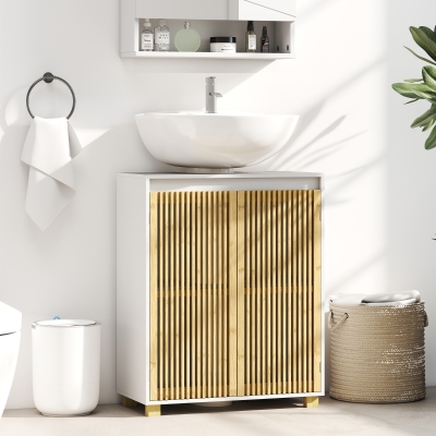 HOMCOM Móvel para Lavatório Banheiro Armário com Portas Vazadas em Bambu 60x30x75 cm Efeito Madeira Natural