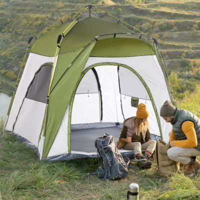 Outsunny Tenda de Campismo Familiar para 4 Impermeável Ventilação 4 Janelas Pop-Up2,4x2,4x1,99 m Fibra de Vidro Poliéster Verde Cinza
