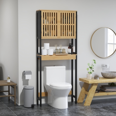 HOMCOM Prateleira de Banheiro Armário de Banheiro Sob O Vaso Sanitário com Armário de 2 Portas e Prateleira Aberta Bambu