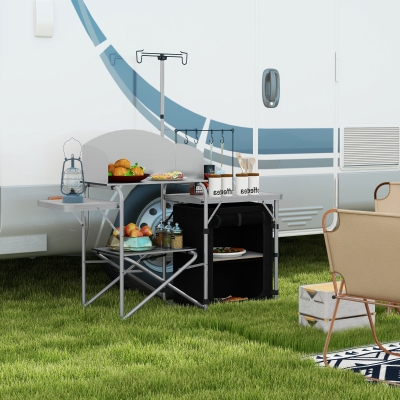 Outsunny Móvel de Cozinha para Camping com Armazenamento Mesa Exterior Dobrável Portátil em Alumínio com Saco de Transporte