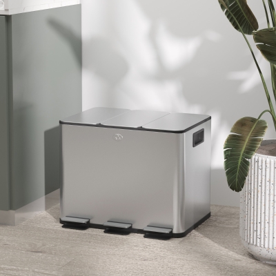 HOMCOM Cesto de Lixo com 3 Seções de 20L com Fechamento Silencioso em Aço Inoxidável e PP 61,9x36,6x56,7 cm