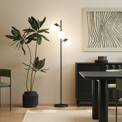 HOMCOM Candeeiro de Pé de Sala em Metal com 3 Abat Jours Globulares em Vidro Opalino 40W Ø 27x169 cm Preto