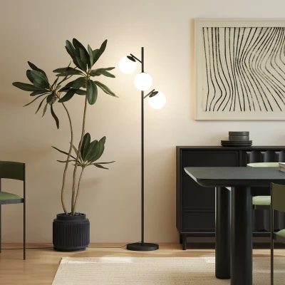 HOMCOM Candeeiro de Pé de Sala em Metal com 3 Abat Jours Globulares em Vidro Opalino 40W Ø 27x169 cm Preto
