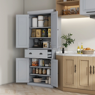 HOMCOM Armário de Cozinha Buffet Cozinha Multi Armazenamento Prateleiras Ajustáveis 4 Portas e Gaveta Grande 76,2x40,2x183 cm Cinza