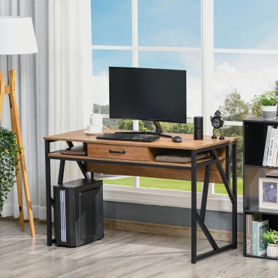 HOMCOM Secretária de Estilo Industrial 120x60x76 cm com Gaveta 2 Prateleiras Pés de Metal Preto Tampo Aparência de Madeira Nogueira