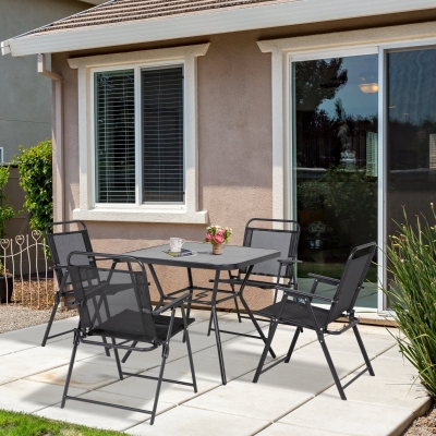 Outsunny Conjunto de Jardim 1 Mesa Quadrada e 4 Cadeiras Dobráveis Conjunto de Jardim em Metal Epóxi para 4 Pessoas Preto