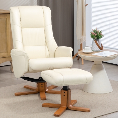 HOMCOM Poltrona de Relaxamento com Apoio para Os Pés Função de Inclinação Couro Sintético Até 150 Kg 71x84x102 cm Creme