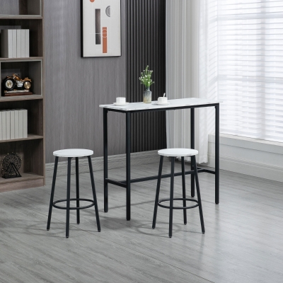 HOMCOM Conjunto 3 Peças com Mesa Retangular e 2 Bancos de Bar em Aglomerado MDF e Aço Branco e Preto