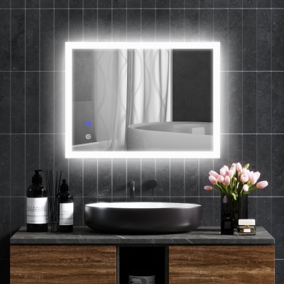 Kleankin Espelho de Parede Luminoso LED de Banheiro 80x60 cm 3 Cores Luminosidade Ajustável Interruptor Tátil Transparente