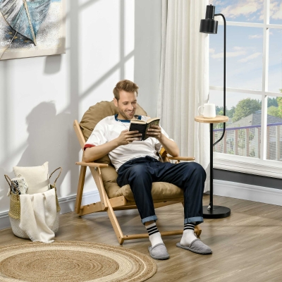 HOMCOM Cadeira de Sala de Estar Reclinável e Dobrável em Madeira Cadeira com Almofadado Capitonê Espesso 71x89x96 cm Marrom Claro
