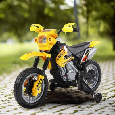 HOMCOM Moto Elettrica para Crianças 3 Anos e Mais Moto Cross com Rodas Auxiliares Bateria 6V Velocidade 2,5Km/h 102x53x66 cm Amarelo