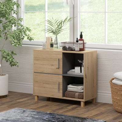 HOMCOM Móvel de Banheiro Móvel de Armazenamento com Compartimentos Abertos e Armário 80x35x70 cm Madeira Natural