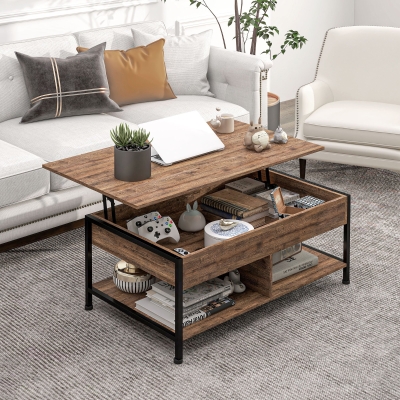 HOMCOM Mesa de Centro Elevável Mesa de Sala Compartimento Oculto 2 Prateleiras Inferiores 100x80x60 cm Marrom Rústico Preto